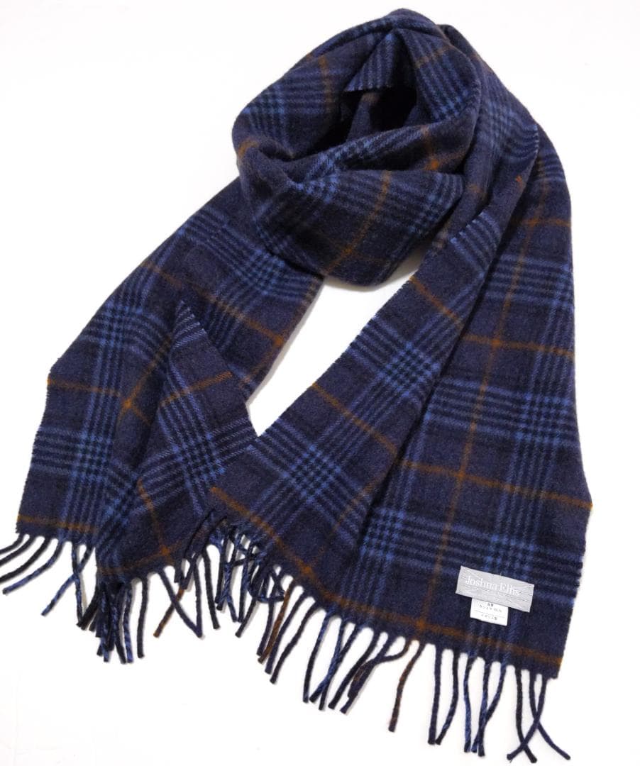 美品★ジョシュアエリス★マフラー カシミヤ100 チェック ネイビー系