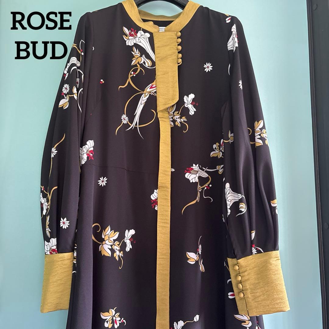 ROSEBUD /美品/花柄/ロングワンピース/ブラックカラー/チャイナボタン