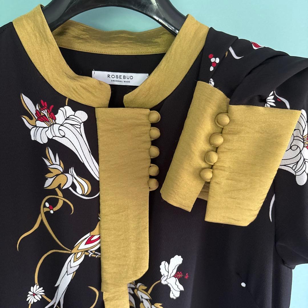 ROSEBUD /美品/花柄/ロングワンピース/ブラックカラー/チャイナボタン