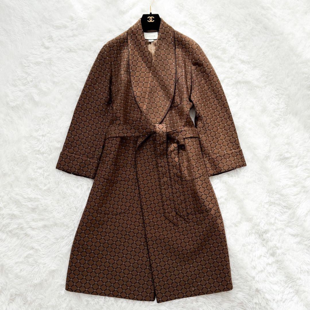 GUCCI 2020 ベルト付ロングガウンコート ウール GG柄 ブラウン 46