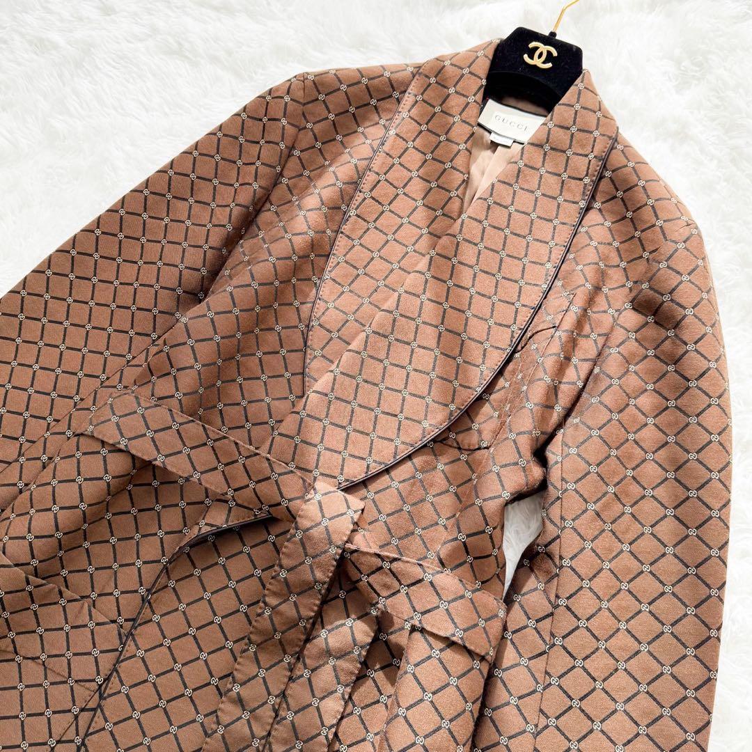 GUCCI 2020 ベルト付ロングガウンコート ウール GG柄 ブラウン 46