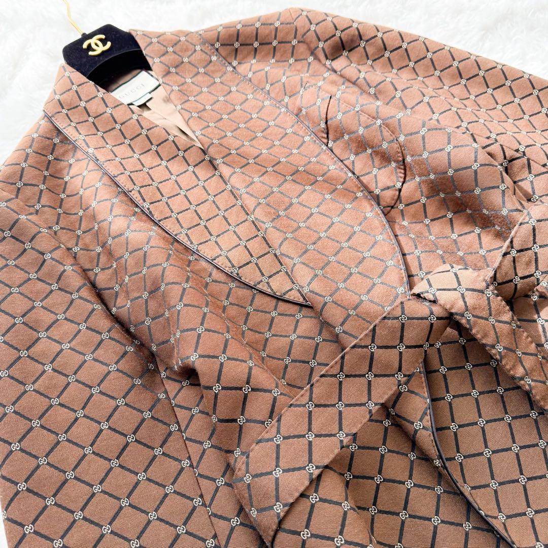 GUCCI 2020 ベルト付ロングガウンコート ウール GG柄 ブラウン 46