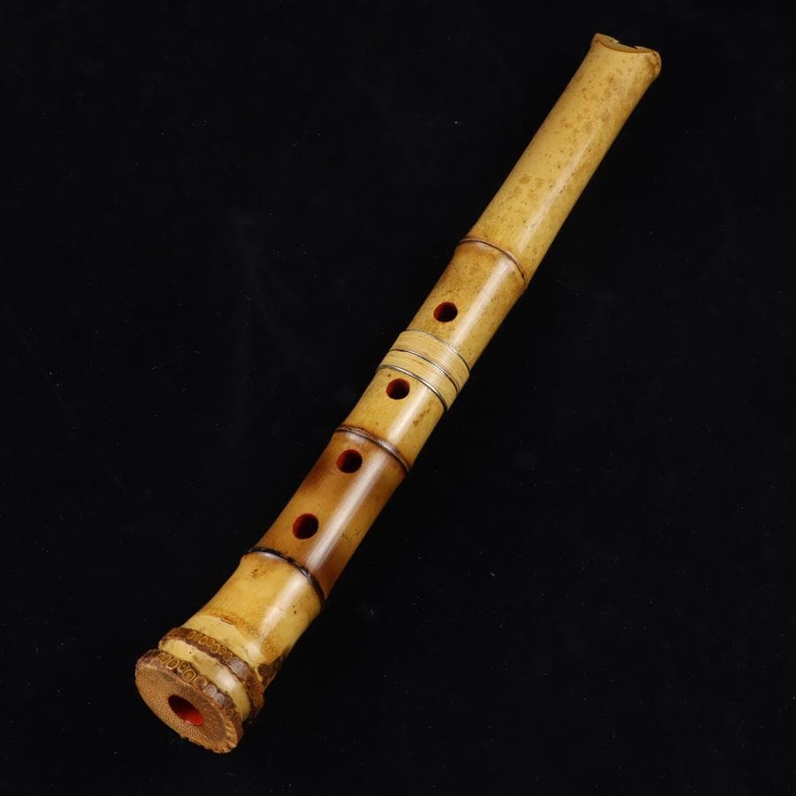 Y3273-1 琴古流 尺八 隆風銘 銀三線 螺鈿細工 全長40㎝ 竹製　EE