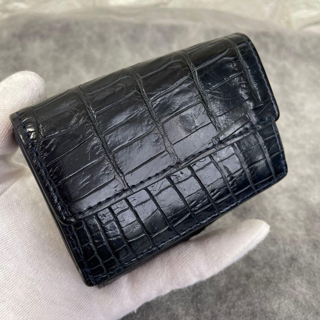 ナイルクロコダイル、三つ折り財布、コンパクト、本革、ブラックネイビー　内側型押し