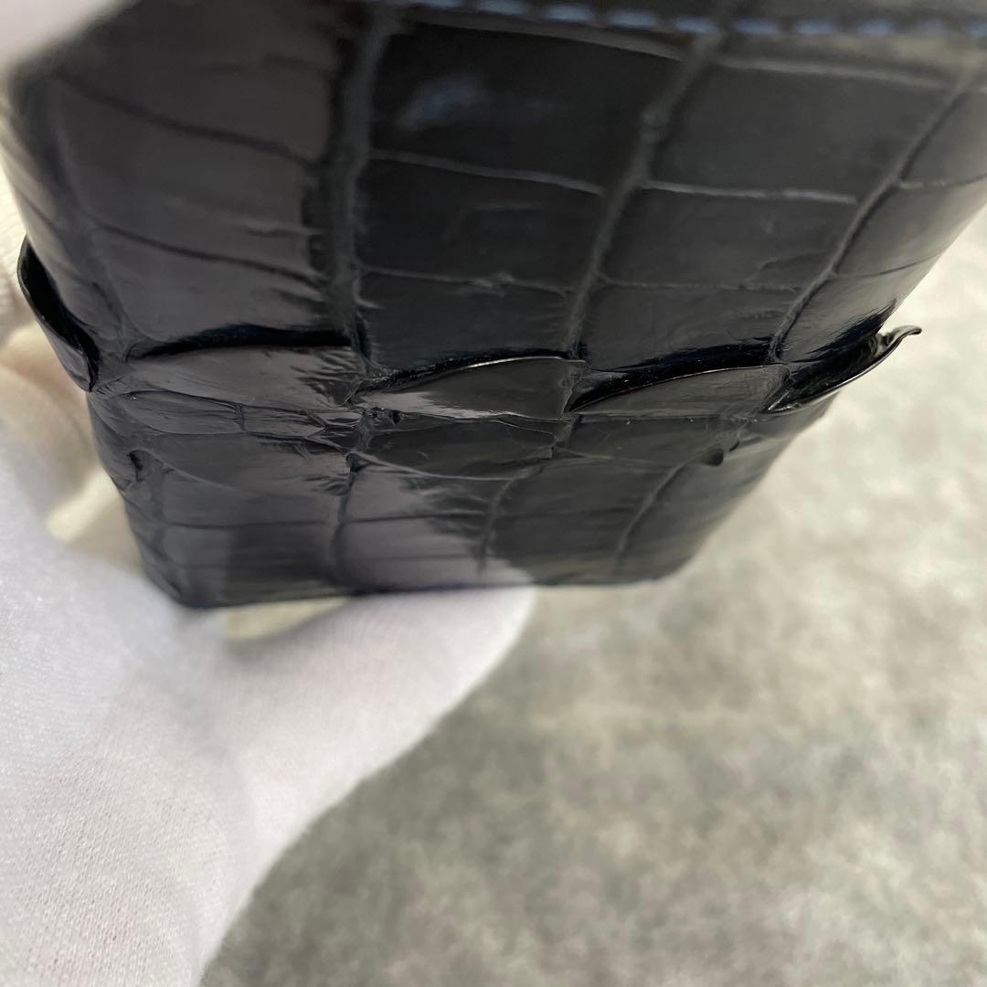 ナイルクロコダイル、三つ折り財布、コンパクト、本革、ブラックネイビー　内側型押し