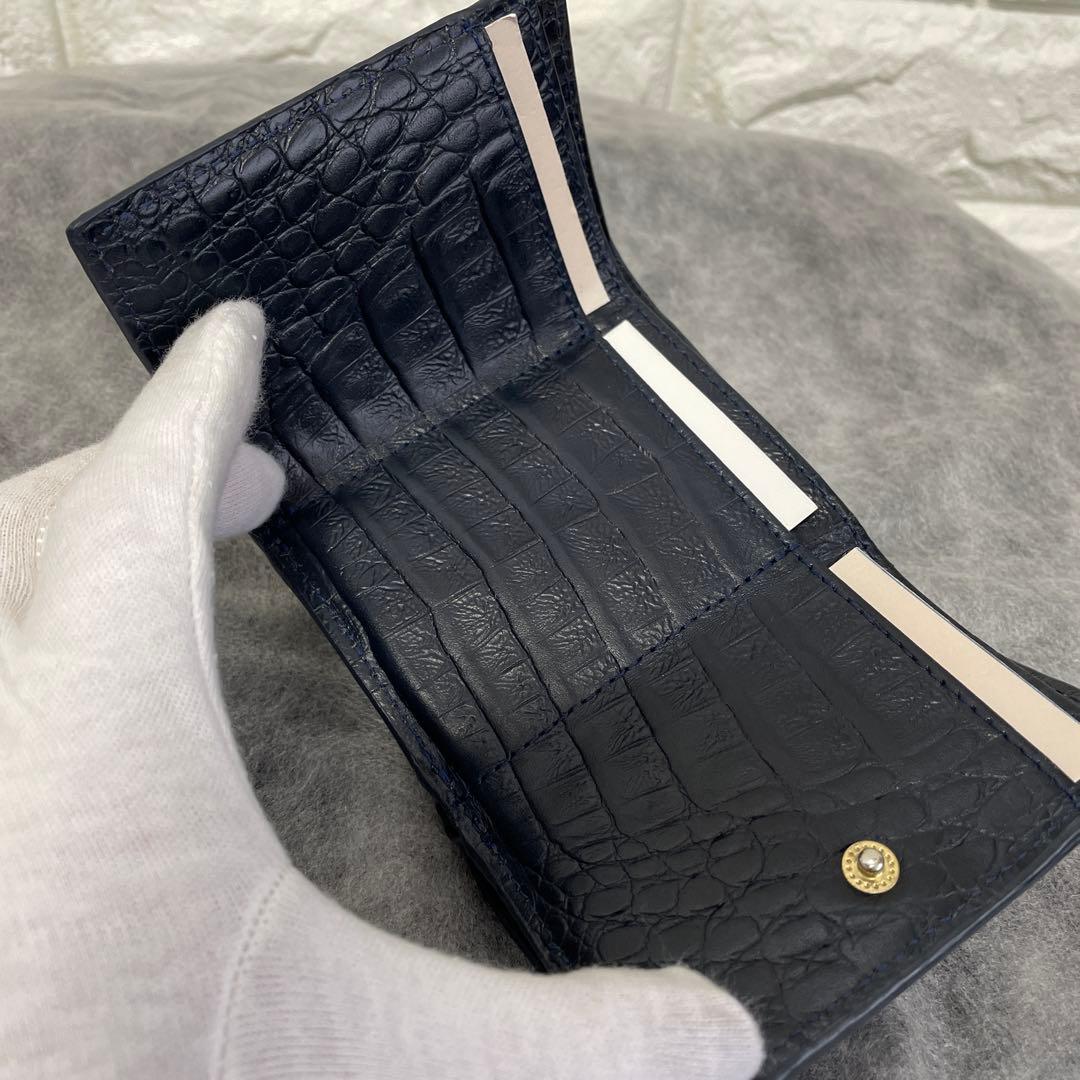 ナイルクロコダイル、三つ折り財布、コンパクト、本革、ブラックネイビー　内側型押し