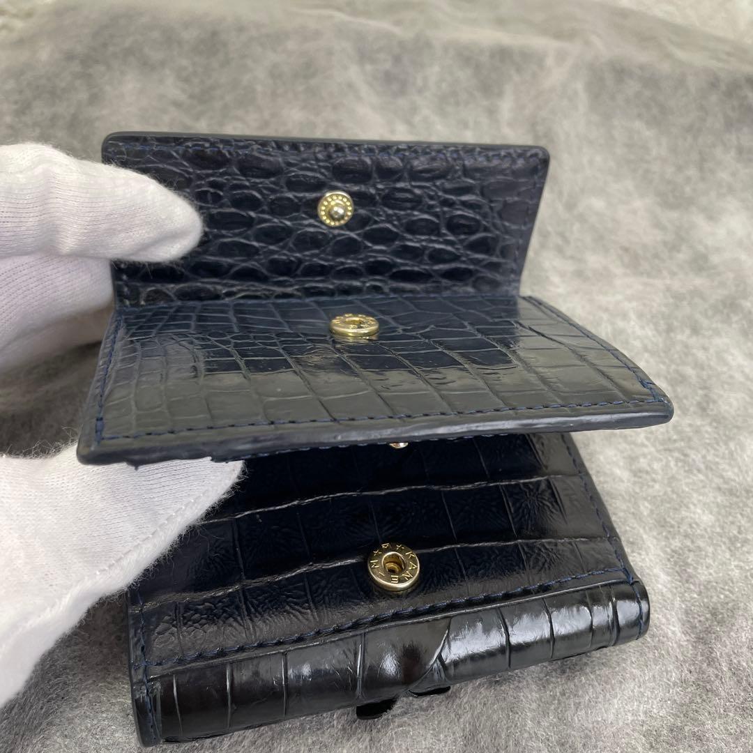 ナイルクロコダイル、三つ折り財布、コンパクト、本革、ブラックネイビー　内側型押し