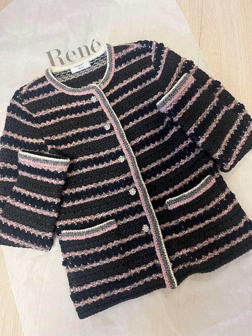 Rene ルネ ツイードニットカーディガン 34 ブラック×ピンク