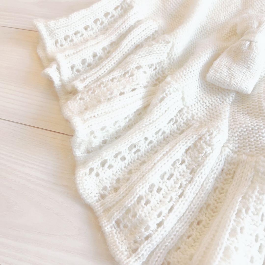 リズメロ ホワイトフード付きニットポンチョ