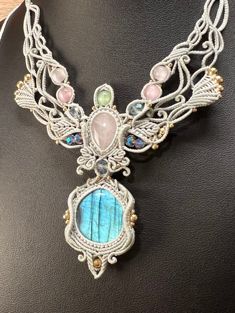 【handmade】マクラメ× ラブラドライト&ローズクォーツ ネックレス