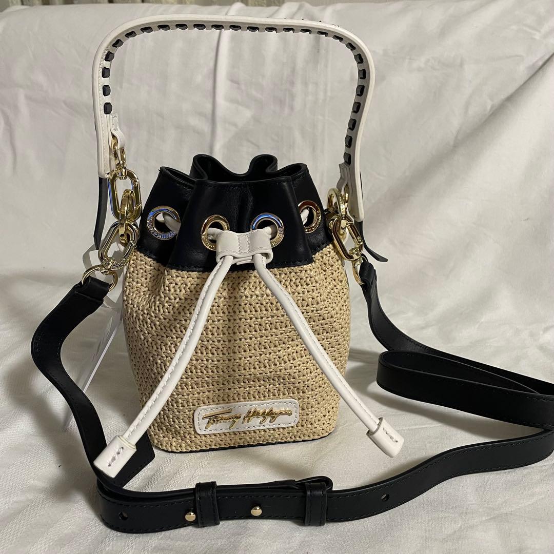 【新品】トミーヒルフィガー　ベージュ　ラフィア　2WAYバッグ　巾着