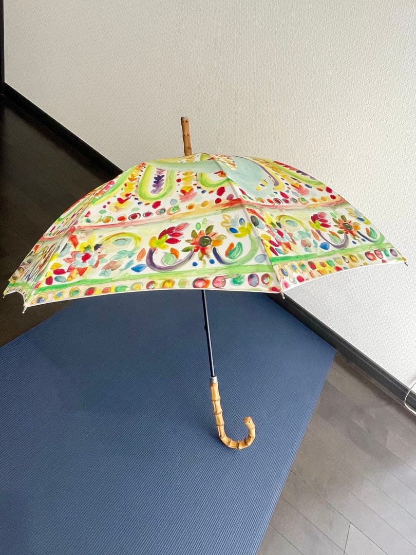 美品 ヴィヴィアンウエストウッド 雨傘 水彩画柄 長傘 バンブーハンドル