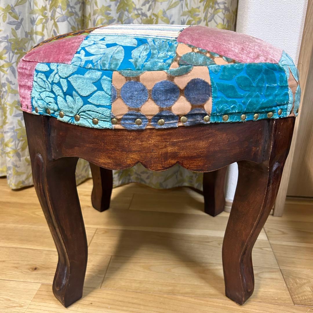 北欧 木製 スツールパッチワーク アンティーク調 チェアー