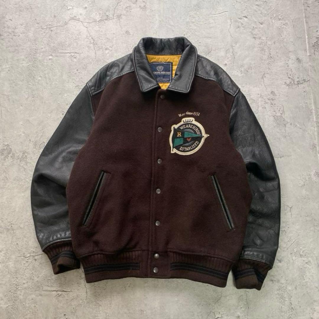 USA古着 スタジャン ジャケット レザー 刺繍 ワッペン ブラウン