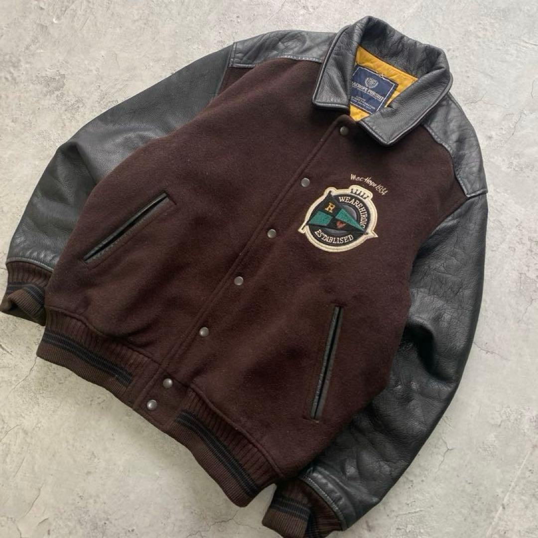 USA古着 スタジャン ジャケット レザー 刺繍 ワッペン ブラウン