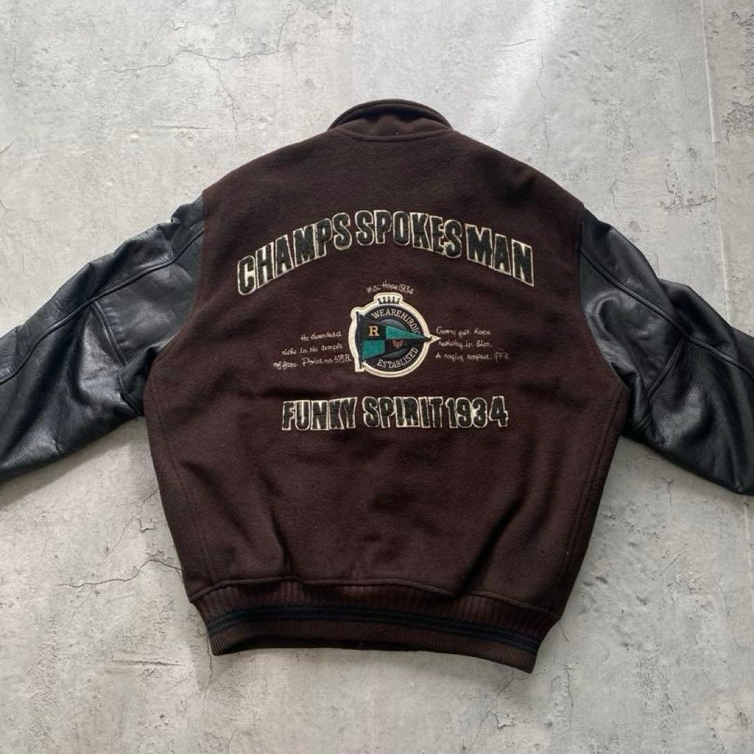 USA古着 スタジャン ジャケット レザー 刺繍 ワッペン ブラウン