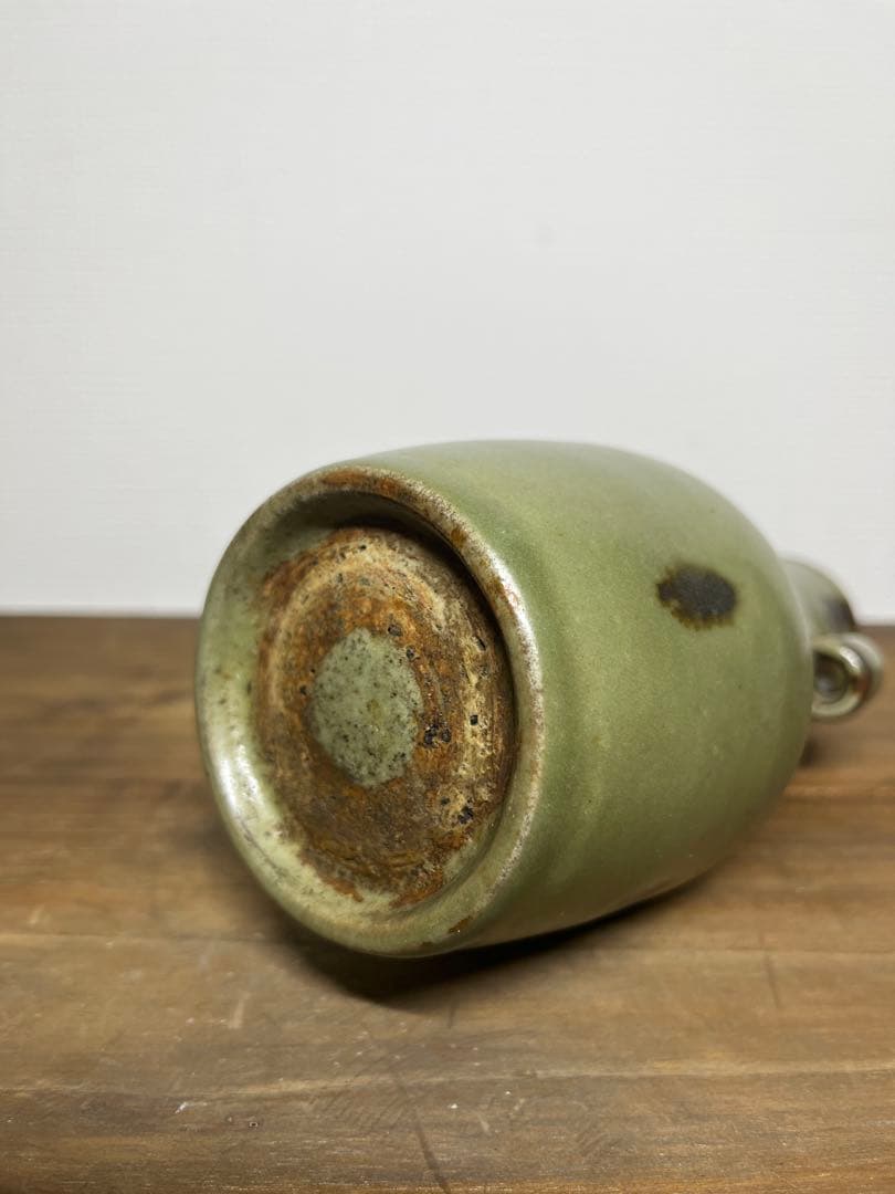 明時代　龍泉窯　飛青磁双耳花入　明　元