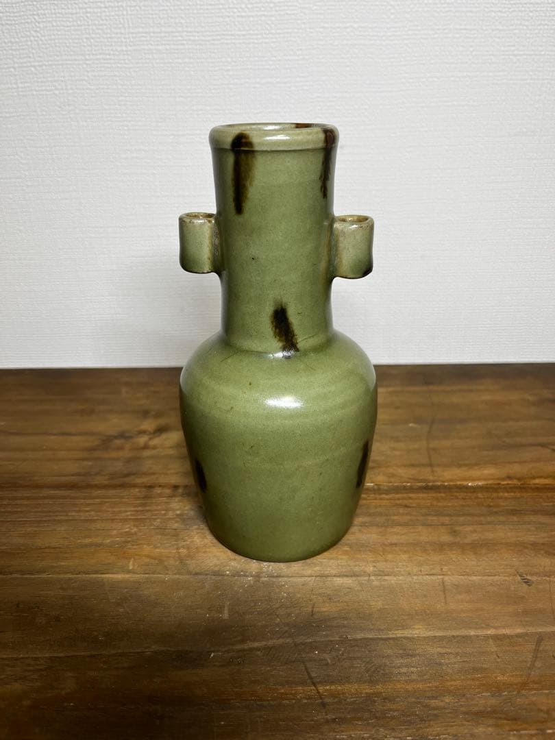 明時代　龍泉窯　飛青磁双耳花入　明　元