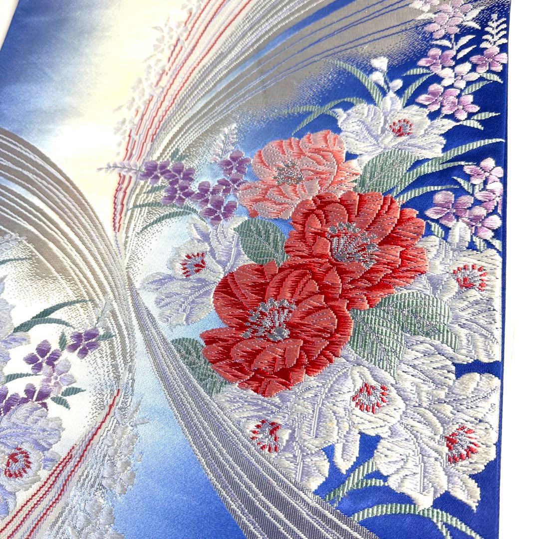 5k2963 袋帯　絹　唐織　銀色　青　赤　白　紫　ピンク　花柄　和装　着物