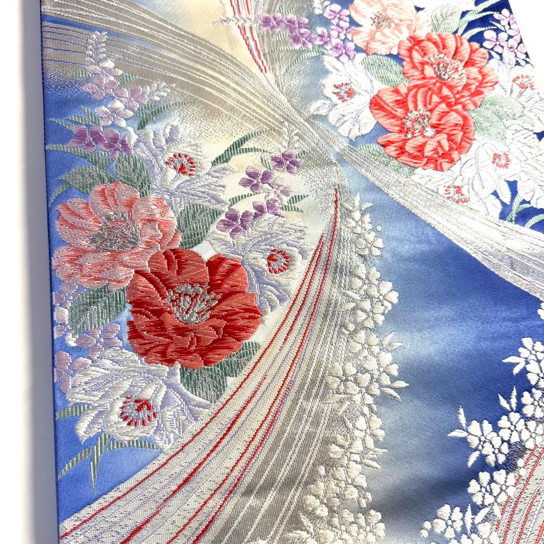 5k2963 袋帯　絹　唐織　銀色　青　赤　白　紫　ピンク　花柄　和装　着物