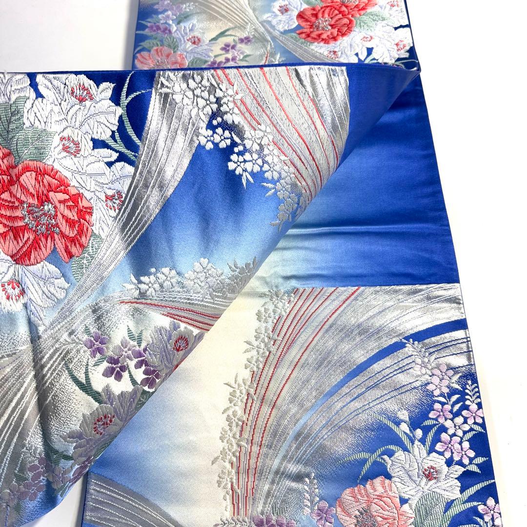 5k2963 袋帯　絹　唐織　銀色　青　赤　白　紫　ピンク　花柄　和装　着物