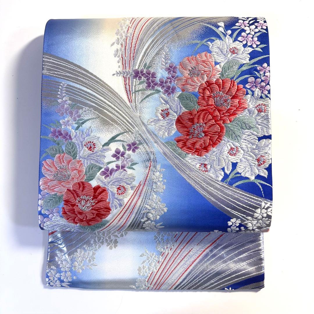 5k2963 袋帯　絹　唐織　銀色　青　赤　白　紫　ピンク　花柄　和装　着物