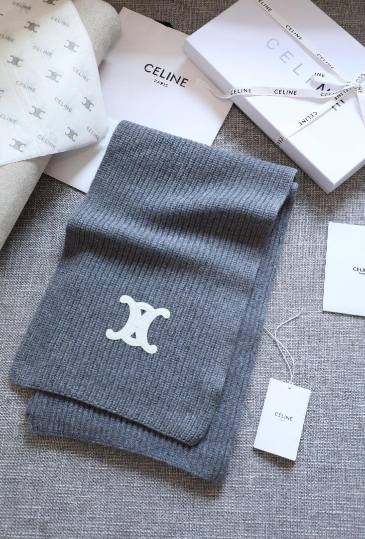 CELINE セリーヌ トリオンフ マフラー カシミヤ グレー 箱付き