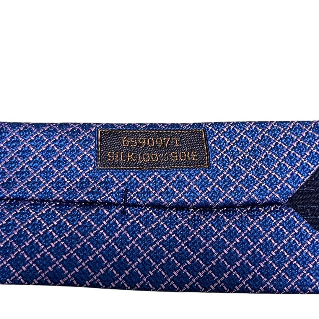 HERMES エルメス　高級ネクタイ　ジャガード織　ブルー　総柄　剣裏H柄