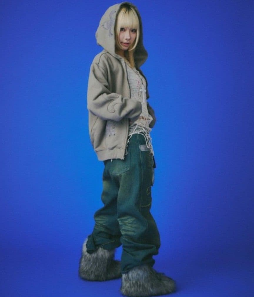 美品【GALFY】百合の紋紋パーカー /【ガルフィー】ロゴダブルジップパーカー