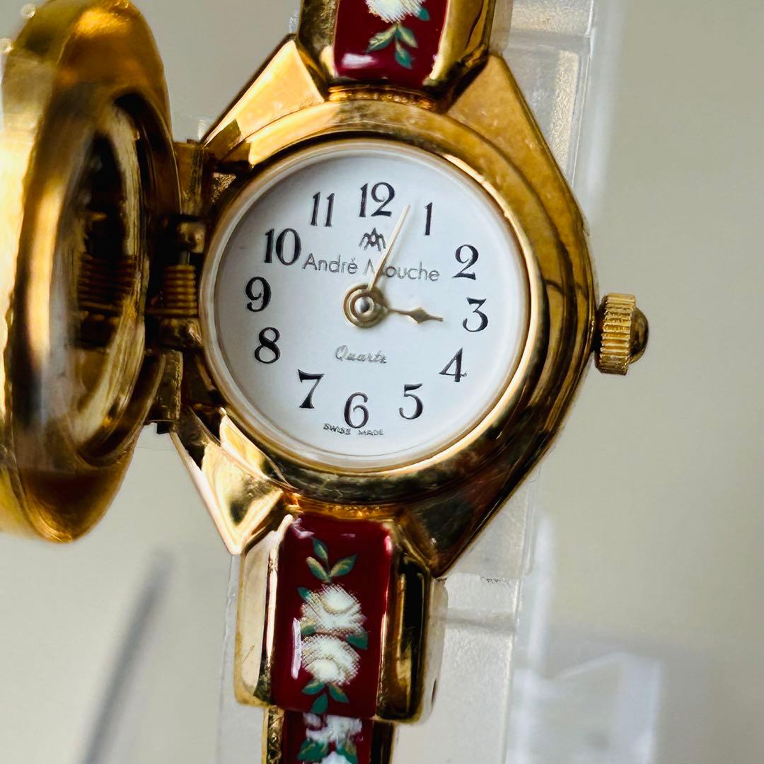 稼動品 アンドレムッシュ エナメル 花柄 バングル 腕時計 希少 フラワー