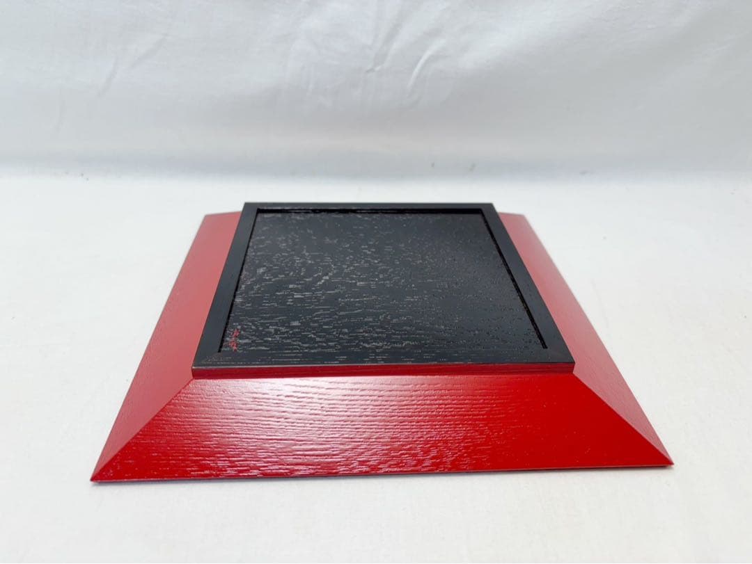 未使用 茶道具 漆匠 南斎造 木製 暦絵 朱四方盆 干菓子器 底サイン 共箱