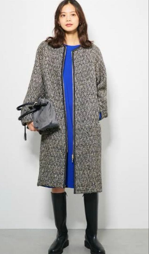 みおんルーニィ　ファンシーツイードノーカラーコート　アイボリー