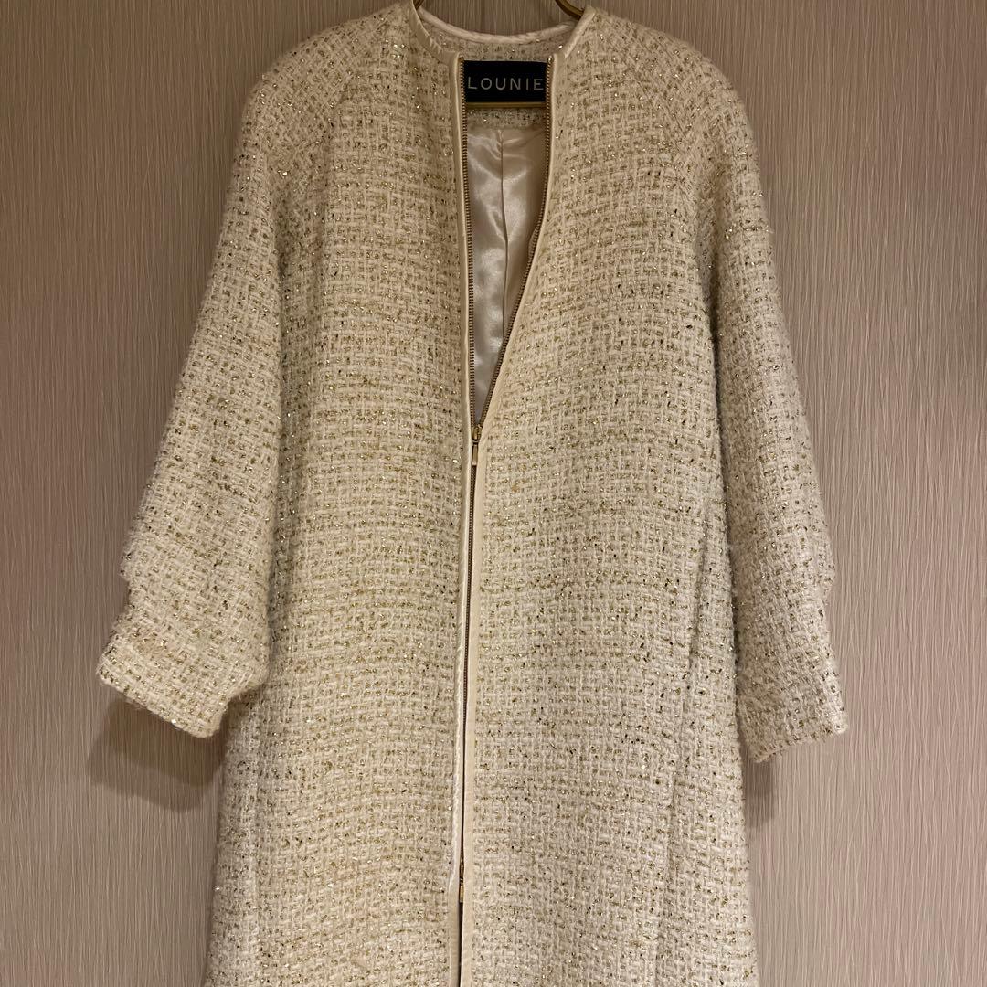 みおんルーニィ　ファンシーツイードノーカラーコート　アイボリー