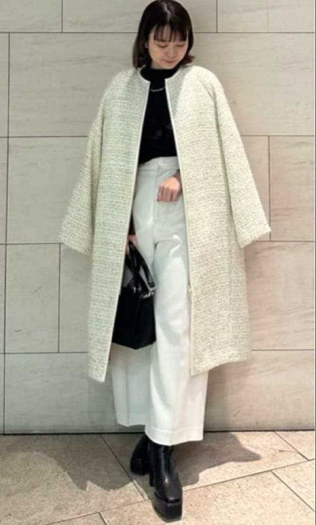 みおんルーニィ　ファンシーツイードノーカラーコート　アイボリー