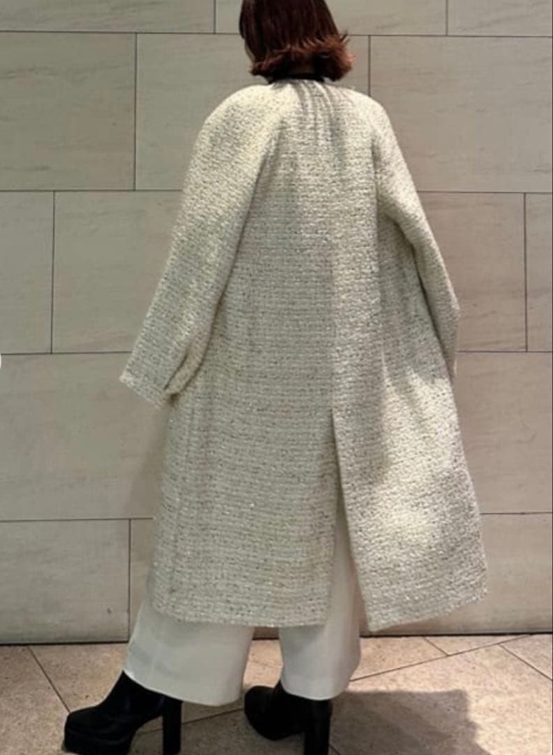 みおんルーニィ　ファンシーツイードノーカラーコート　アイボリー