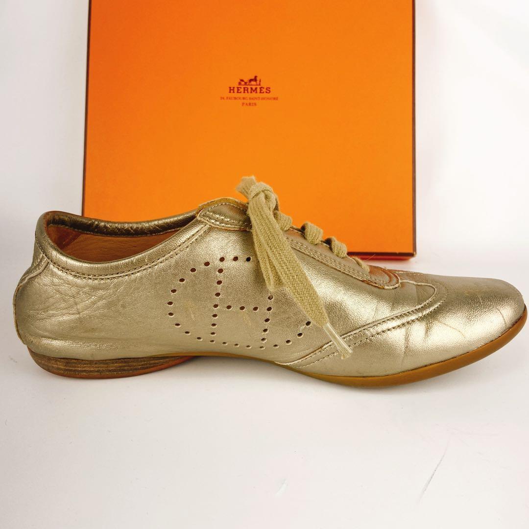 HERMES エブリン ゴールド 金 レザースニーカー Hロゴ パンチング