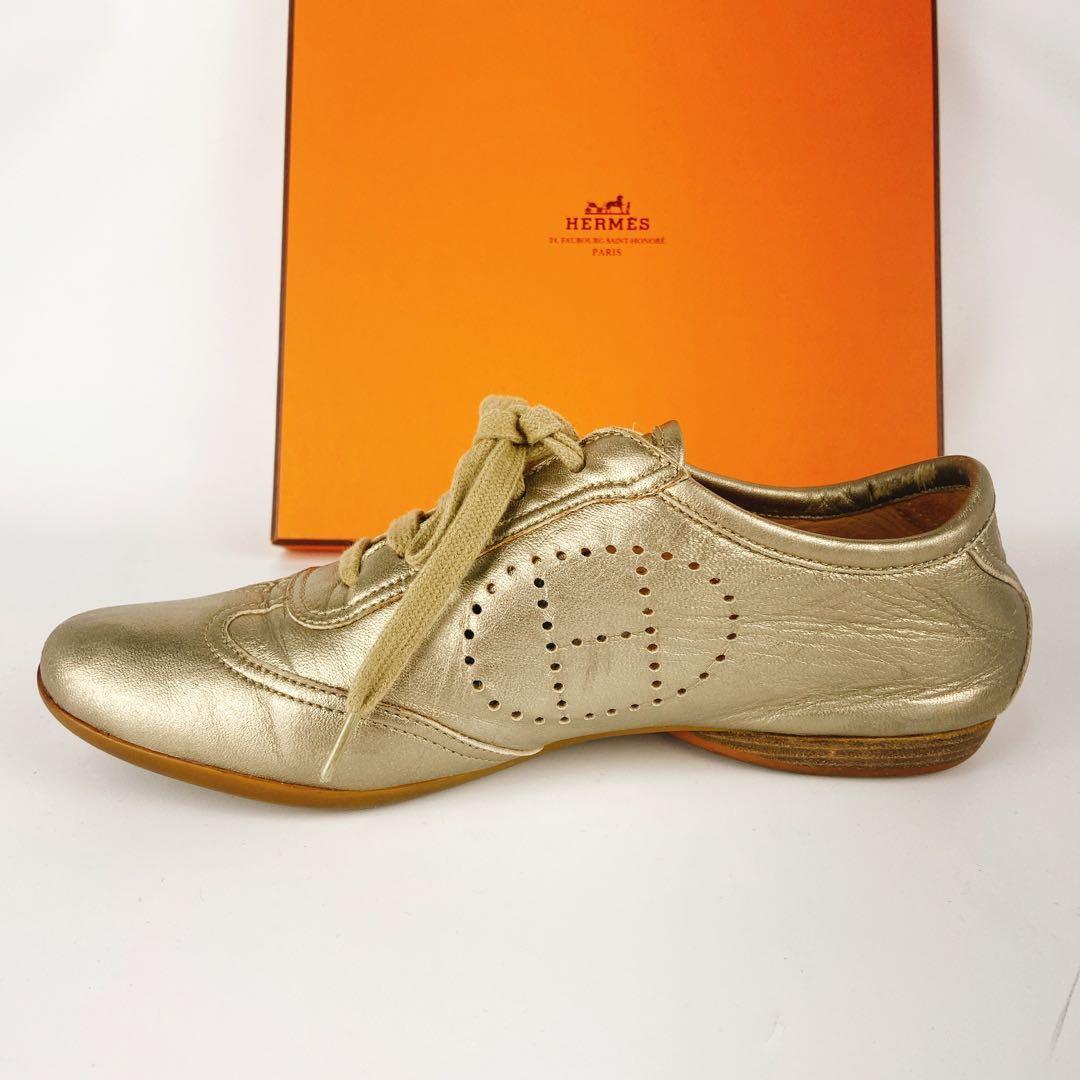 HERMES エブリン ゴールド 金 レザースニーカー Hロゴ パンチング