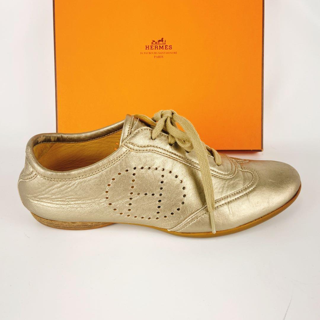 HERMES エブリン ゴールド 金 レザースニーカー Hロゴ パンチング