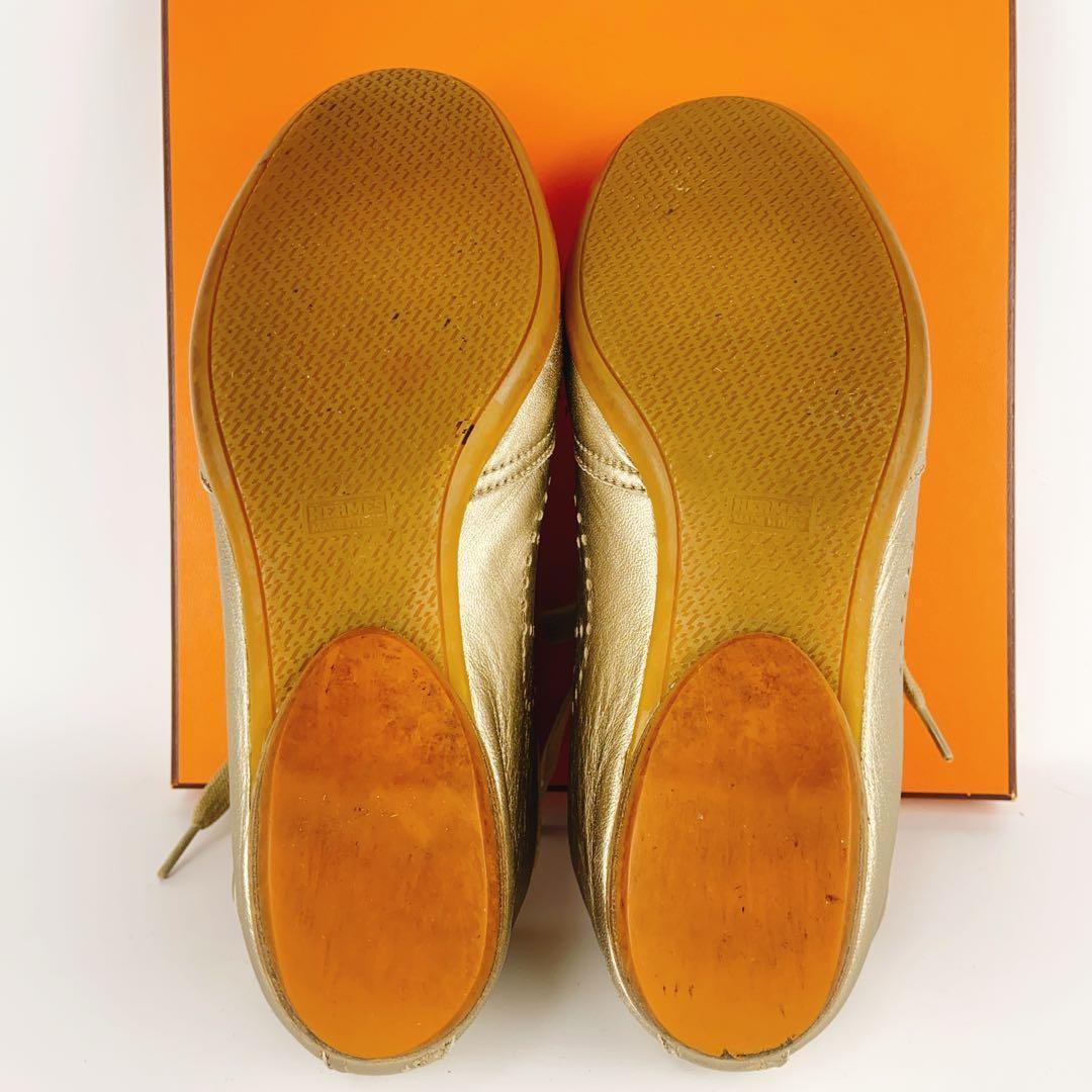 HERMES エブリン ゴールド 金 レザースニーカー Hロゴ パンチング