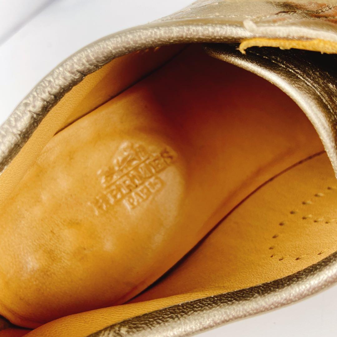 HERMES エブリン ゴールド 金 レザースニーカー Hロゴ パンチング