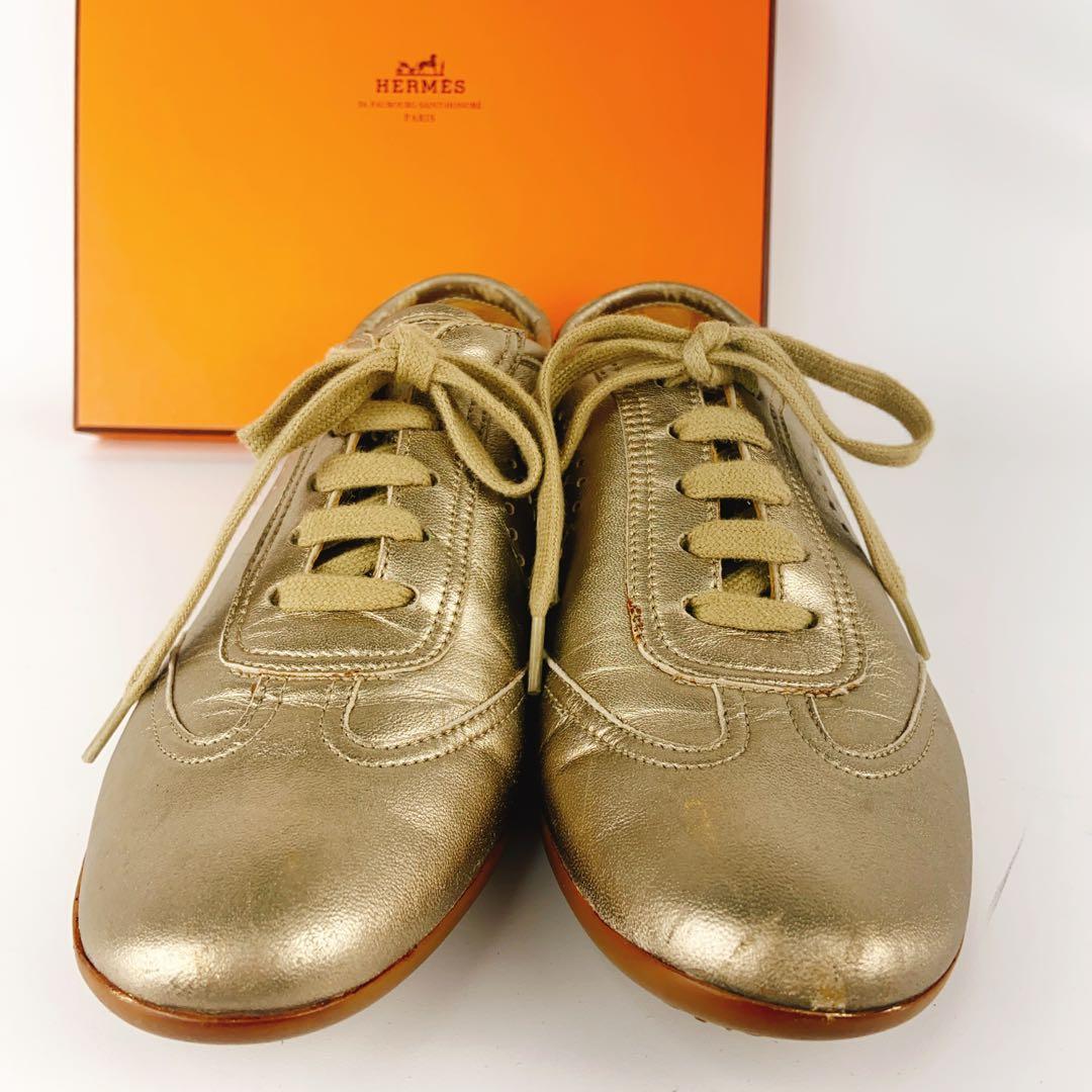 HERMES エブリン ゴールド 金 レザースニーカー Hロゴ パンチング
