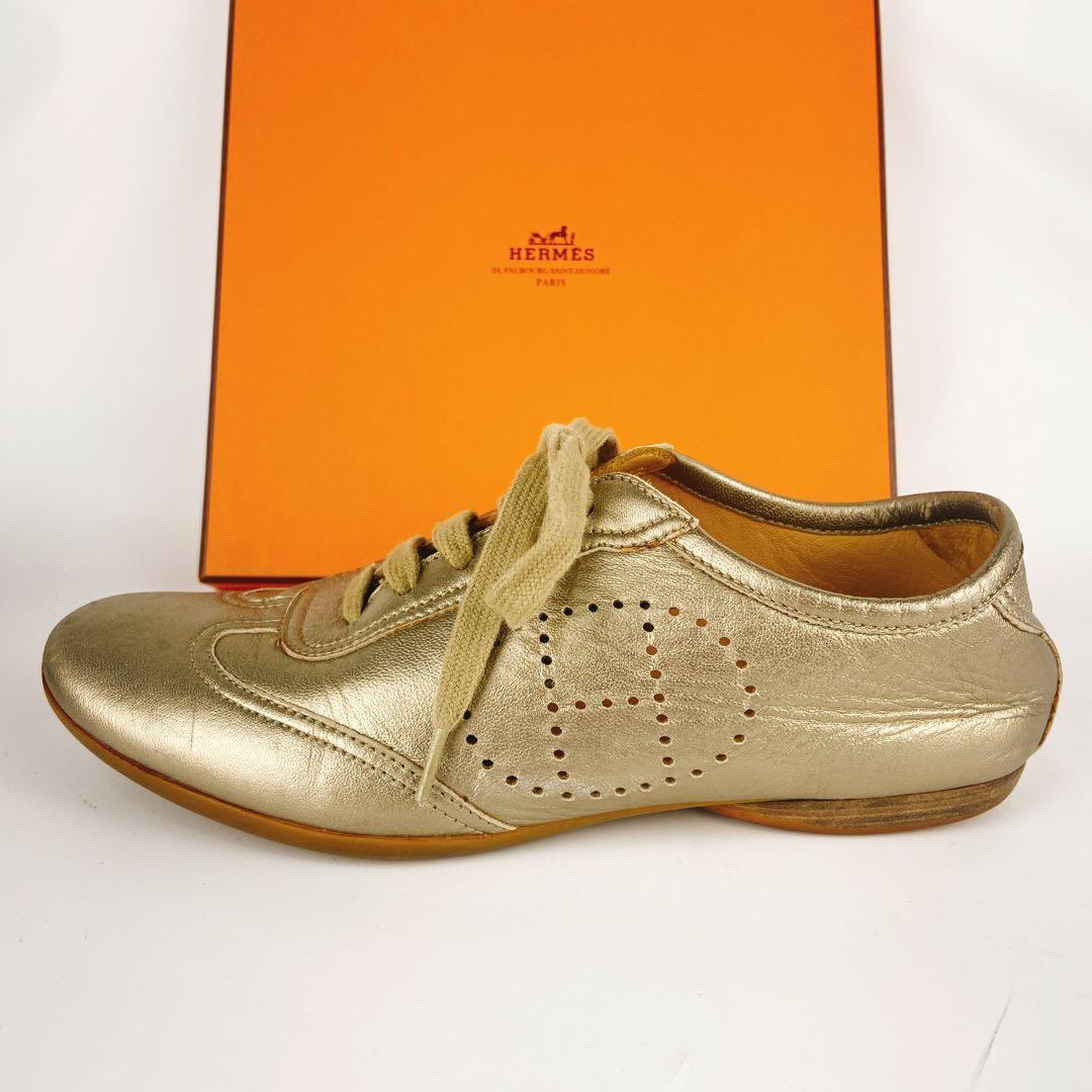 HERMES エブリン ゴールド 金 レザースニーカー Hロゴ パンチング