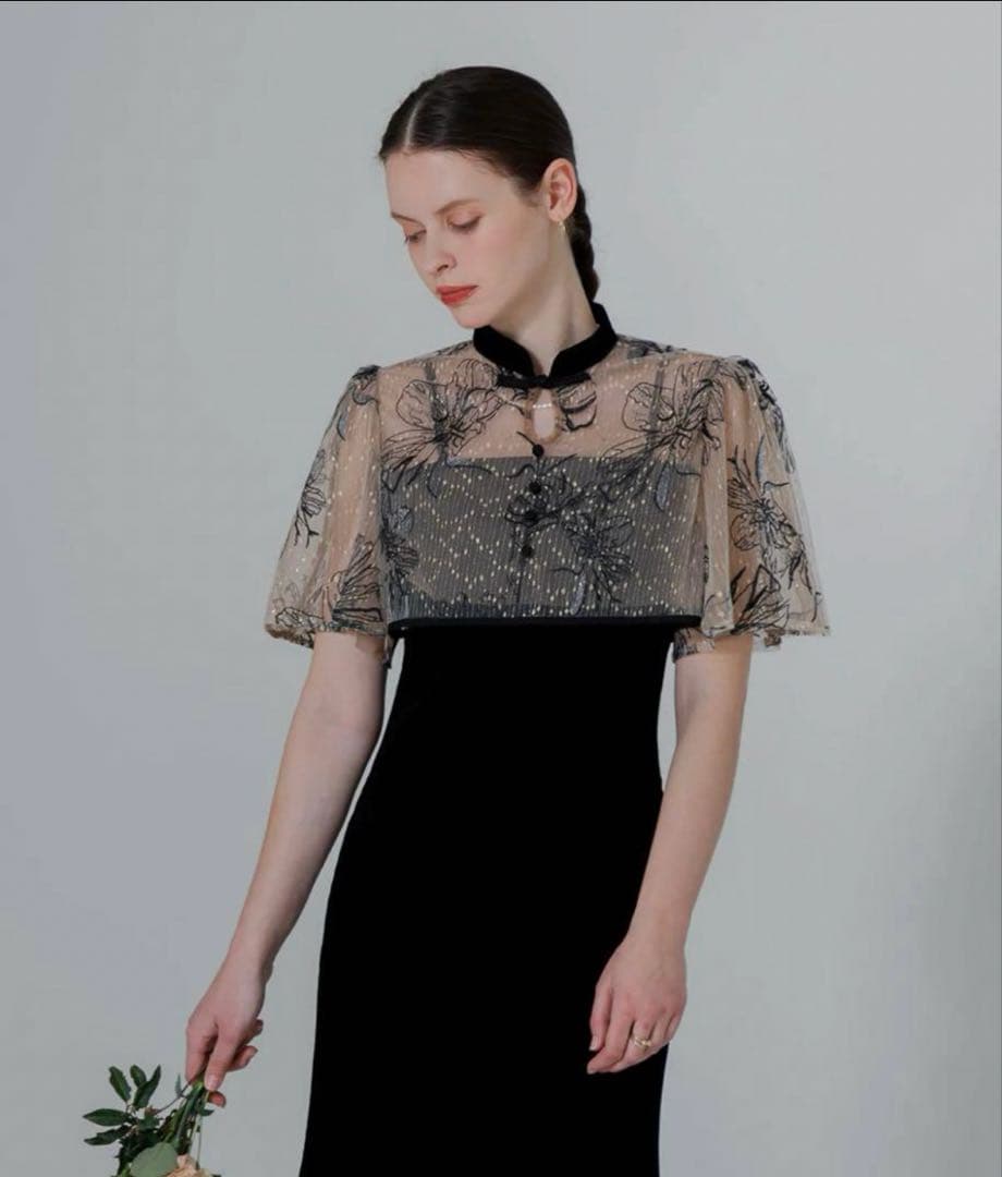 Leja 配色パイピング花柄刺繍ボレロ付きベロアマーメイドキャミワンピースドレス