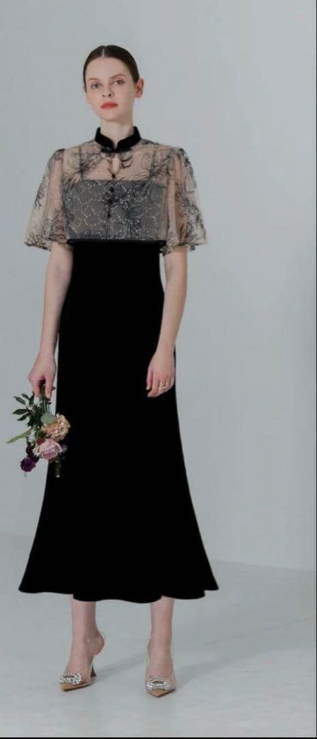 Leja 配色パイピング花柄刺繍ボレロ付きベロアマーメイドキャミワンピースドレス