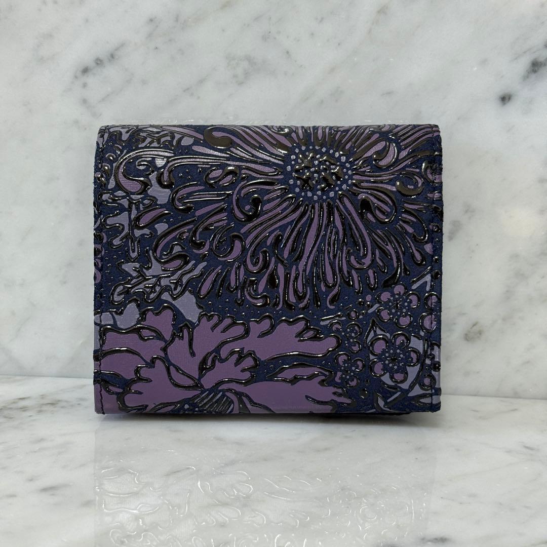 新品 未使用 印傳インデンヤ フロニティ 二つ折り財布 花柄 紫 パープル