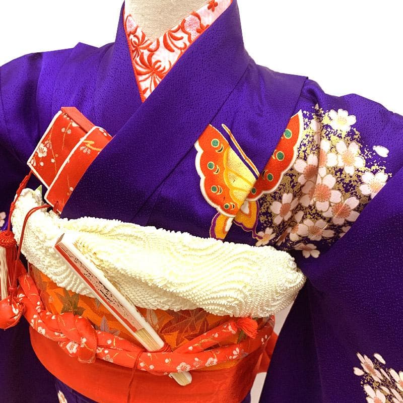 510ag8■七五三 七歳 女児 着物&開き帯&長襦袢 蝶 菊 花丸文■美品