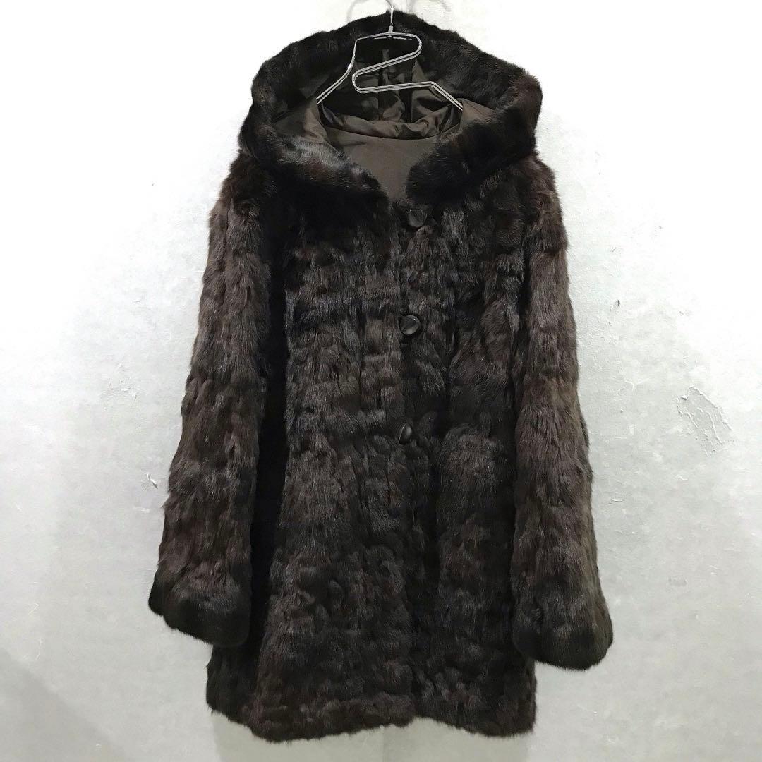 毛皮 リアルファー リス皮 シルク コート 本革 高級 美品 ブラウン フリー