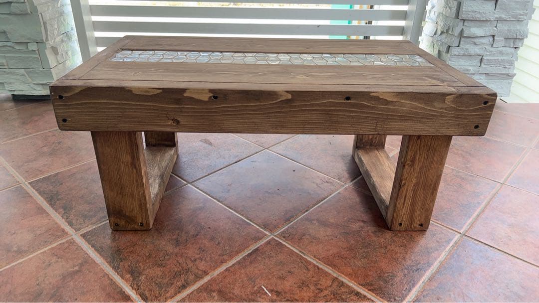 モザイクタイルローテーブル　ナチュラル　ウォルナット塗装