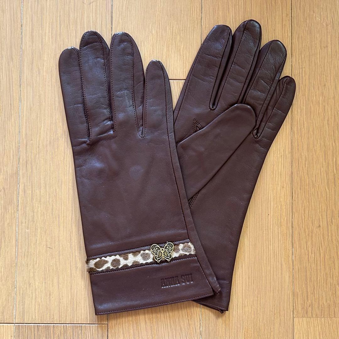 ANNA SUI 手袋　2点　ブラウン、ブラック　レザー　蝶　レオパード