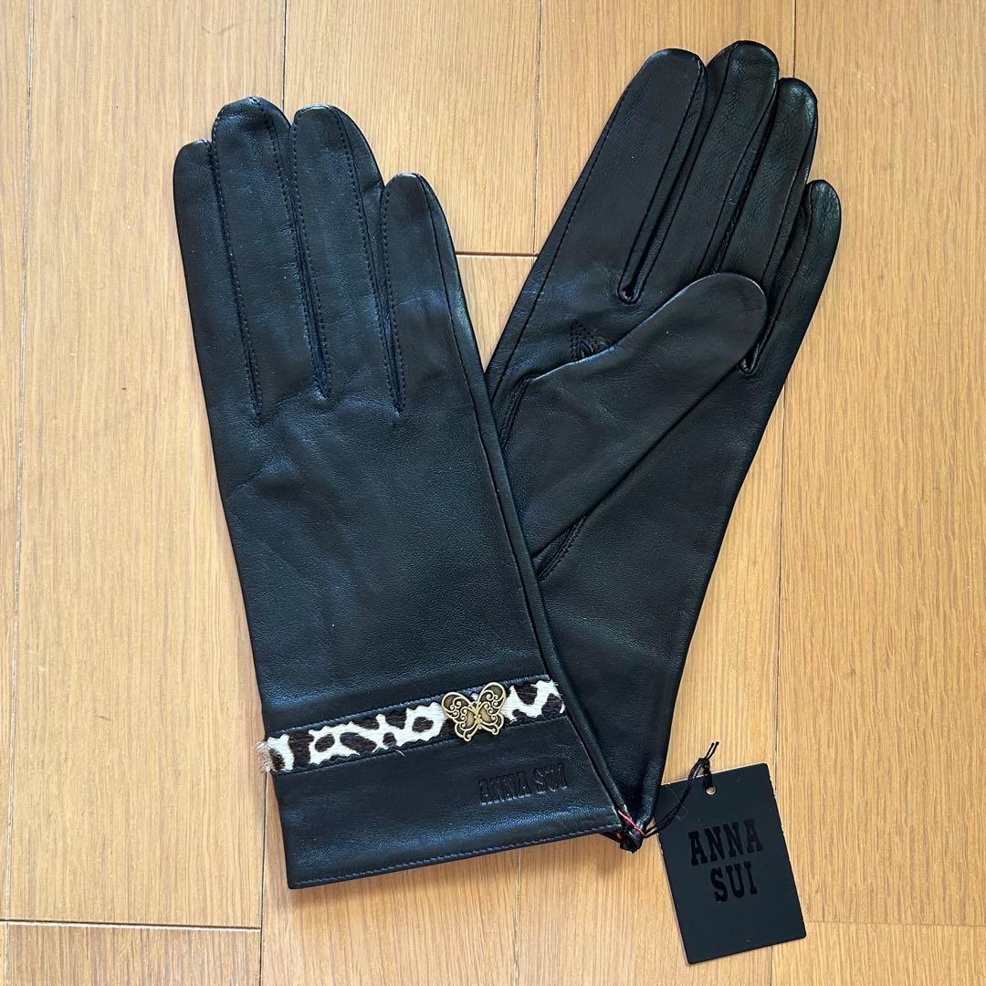 ANNA SUI 手袋　2点　ブラウン、ブラック　レザー　蝶　レオパード